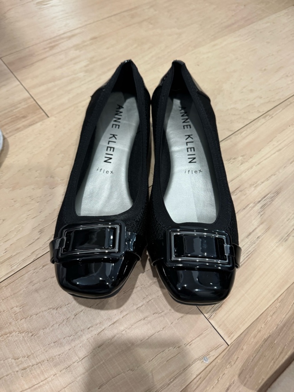 Anne Klein Black Patent Buckle Square-Toe Ballet Flats